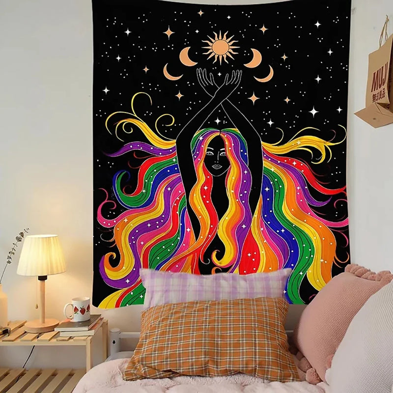 Afralia™ Moon Phase Girl Mandala Tapestry: Bohemian Hippie Wall Hanging for Psychedelic Home Decor
