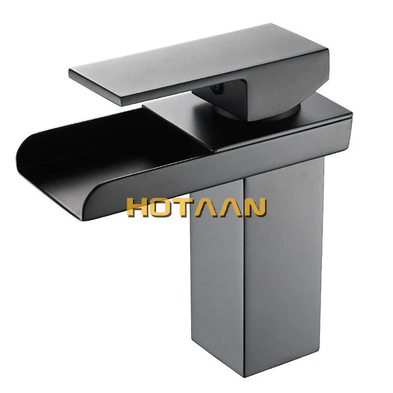 Afralia™ Black Plated Brass Waterfall Bathroom Basin Faucet Mixer Square Vanity Sink