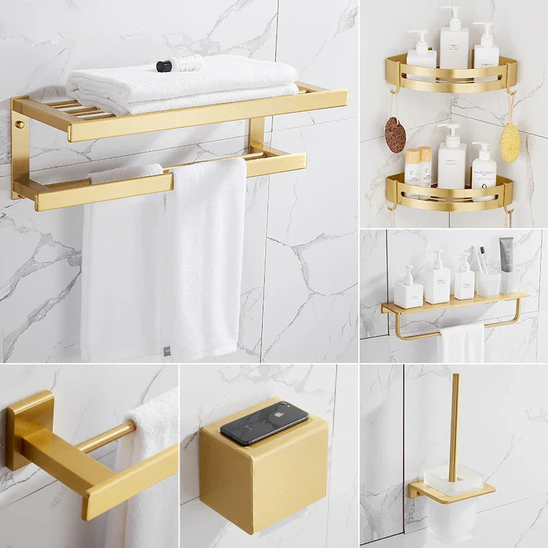 Afralia™ Brushed Gold Bathroom Set: Shelf, Towel Rack, Holder, Toilet Brush - Bath Hardware