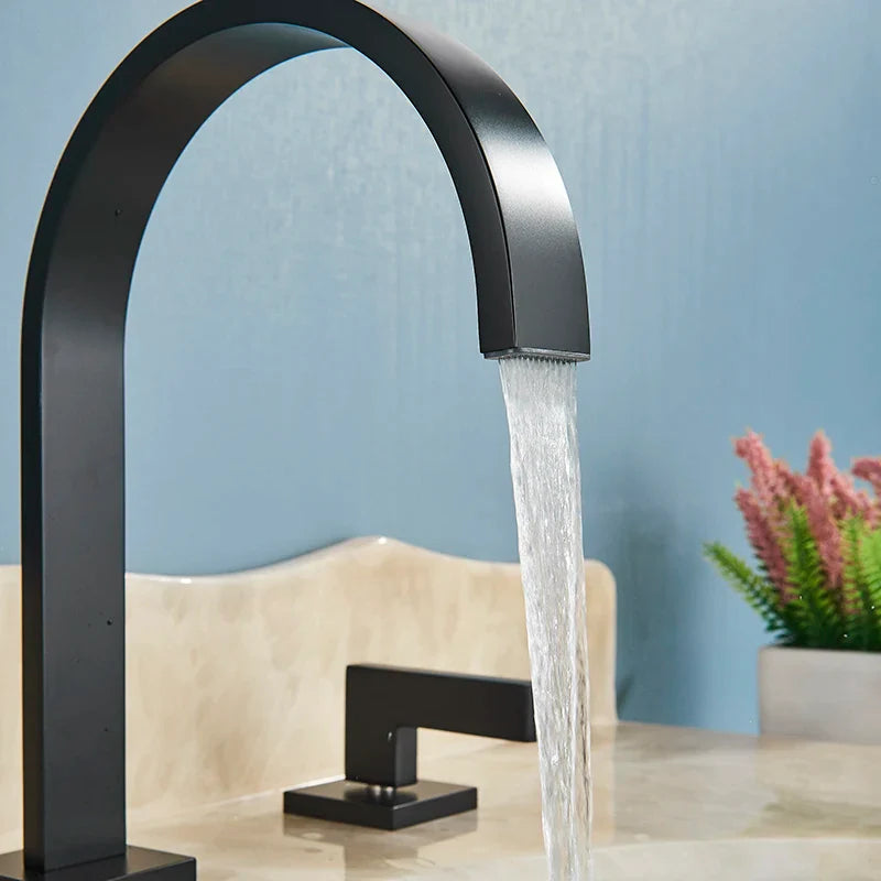 Afralia™ Square Brass Basin Faucets: Deck Mounted Double Handle Bathroom Sink Tap, Hot/Cold Water.