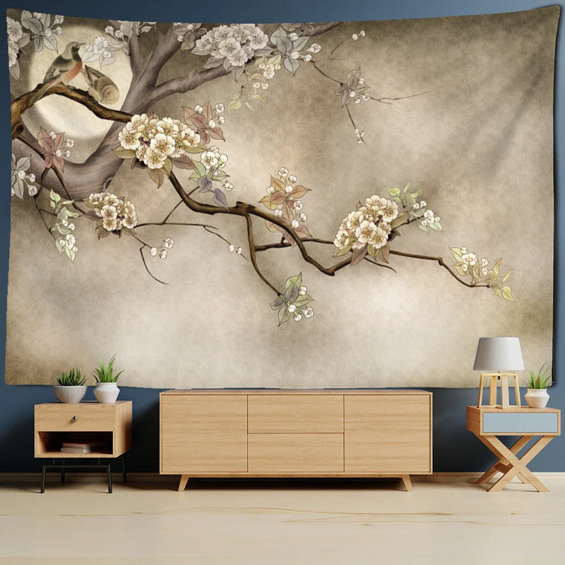 Afralia™ Flower Bird Chinese Painting Tapestry Wall Hanging Bohemian Style Home Decor