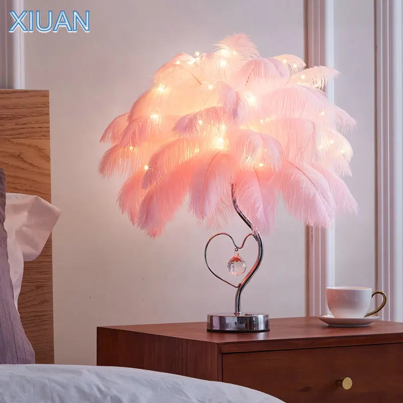 Afralia™ Nature Ostrich Feather Table Light With Remote Control Dimmer Night Lamp