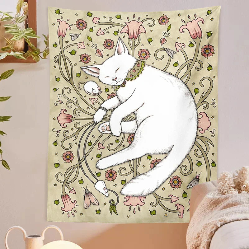 Afralia™ Cute Cat Botanical Flower Ins Style Cartoon Wall Art Tapestries for Home Decor