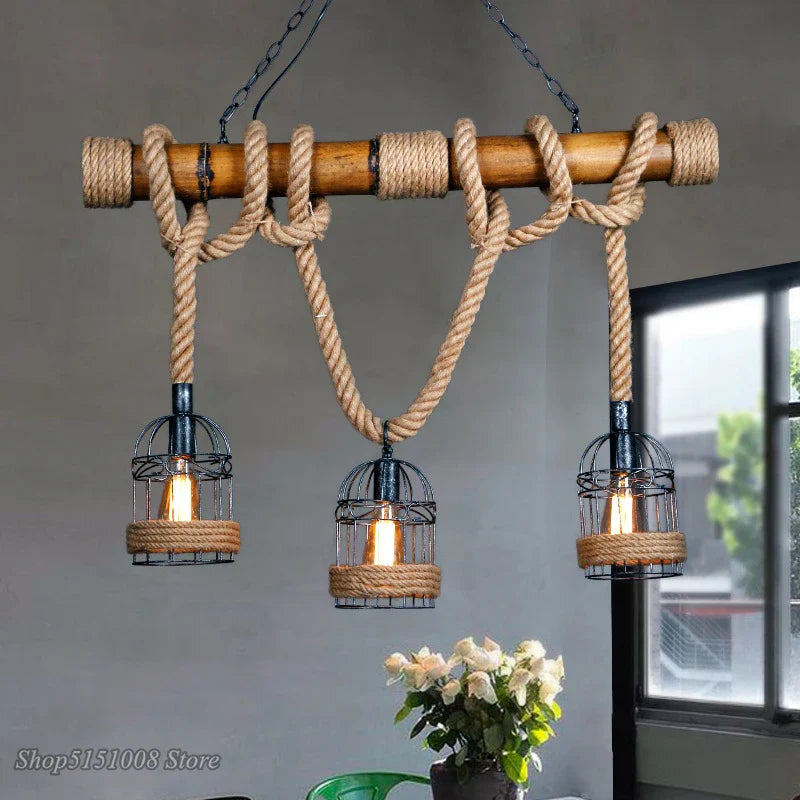 Afralia™ Bamboo Hemp Rope Pendant Light - Hand Knitted Iron Cage Luminaria