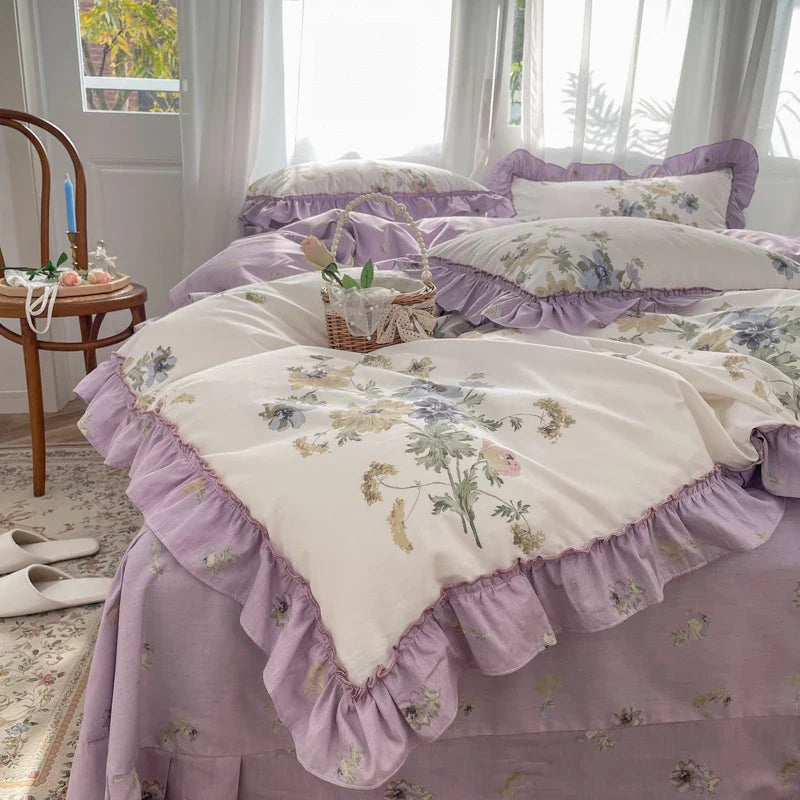 Afralia™ Gardenia Print Princess Bedding Set with Ruffles and Pillowcases