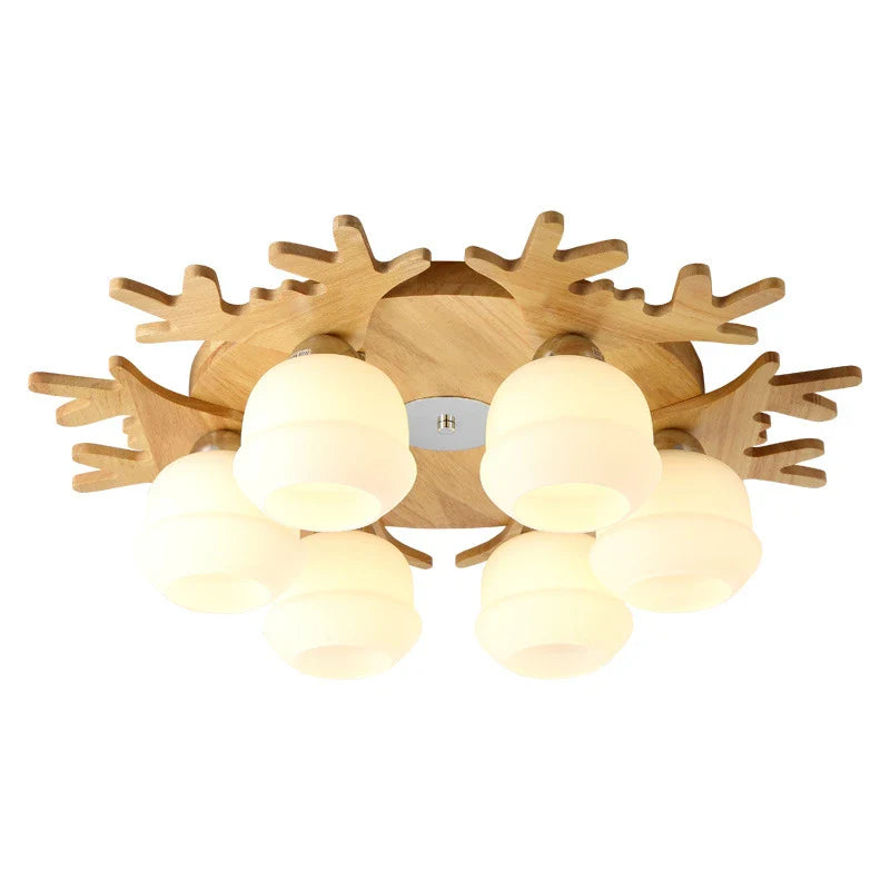 Afralia™ Nordic Wood Antlers Glass Chandelier - Modern Industrial Living Room Ceiling Light