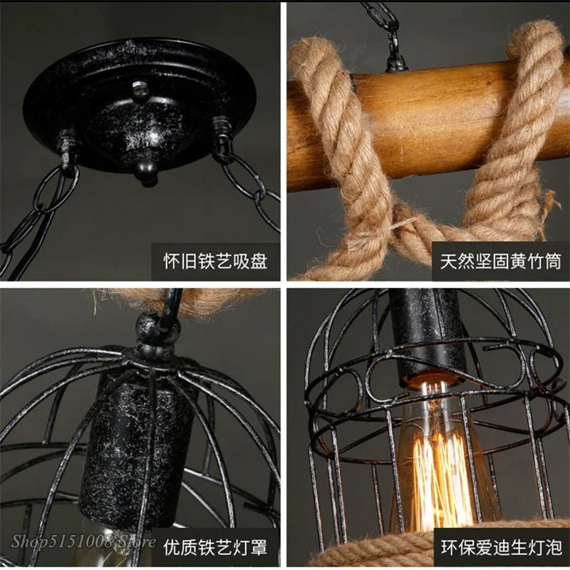 Afralia™ Bamboo Hemp Rope Pendant Light - Hand Knitted Iron Cage Luminaria