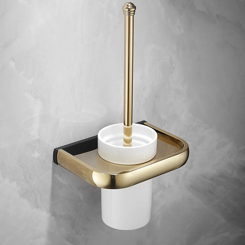 Afralia™ Gold & Black Bathroom Hardware Set: Shelf, Towel Rack, Paper Holder, Brush Holder