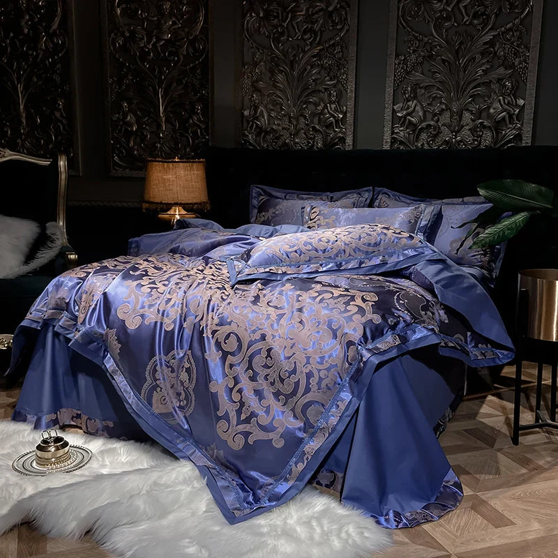 Afralia™ Luxury Soft Satin Jacquard Cotton Bedding Set in Blue/Gold/Gray, Queen/King Sizes