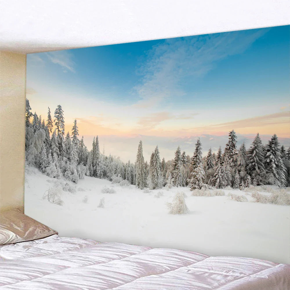 Afralia™ Christmas Snow Forest Tapestry: Bohemian Bedroom Wall Decoration
