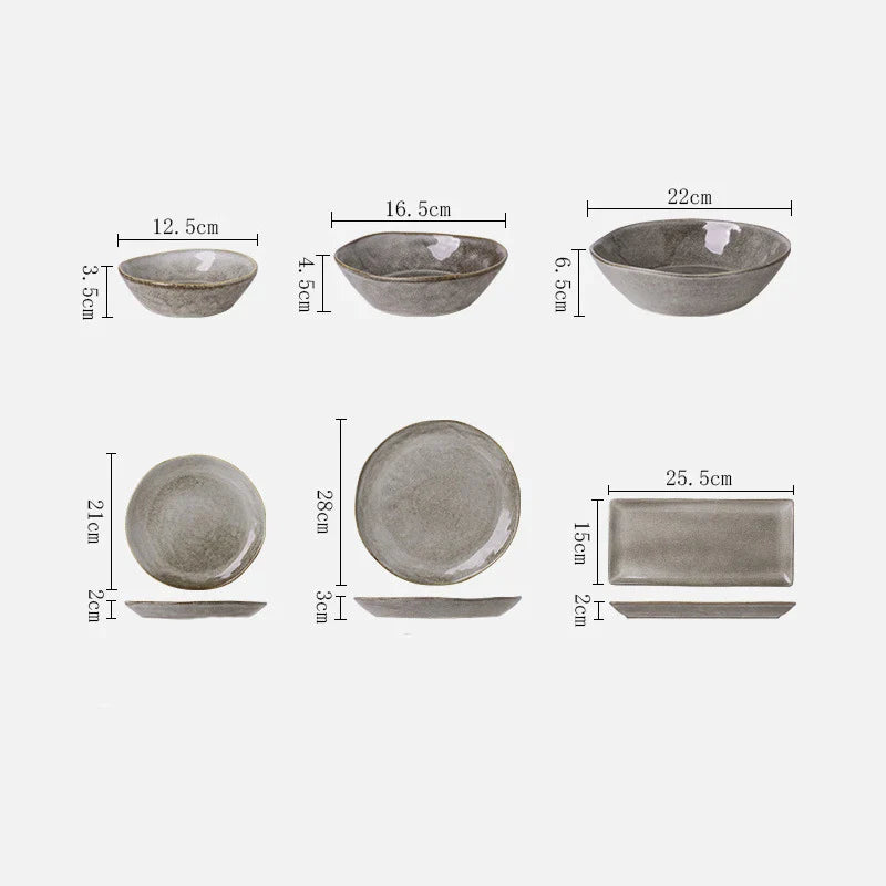 Afralia™ Retro Gray Ceramic Dinnerware Set - Japanese Style | Porcelain Dinner Plate, Rice Bowl, Food Tray