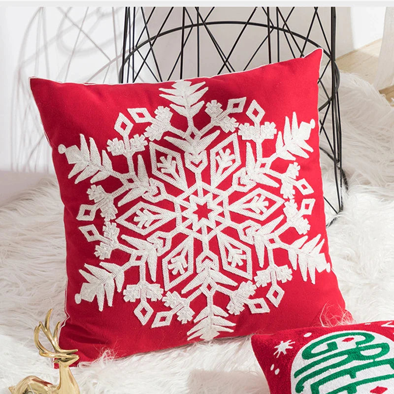 Afralia™ Christmas Embroidered Cushion Cover 45x45cm - Red Green Santa Snowflake Deer Snowman