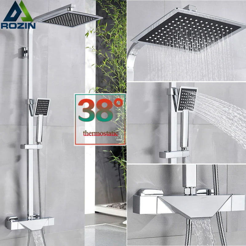 Afralia™ Thermostatic Shower Set with 8" Rainfall Head in Black