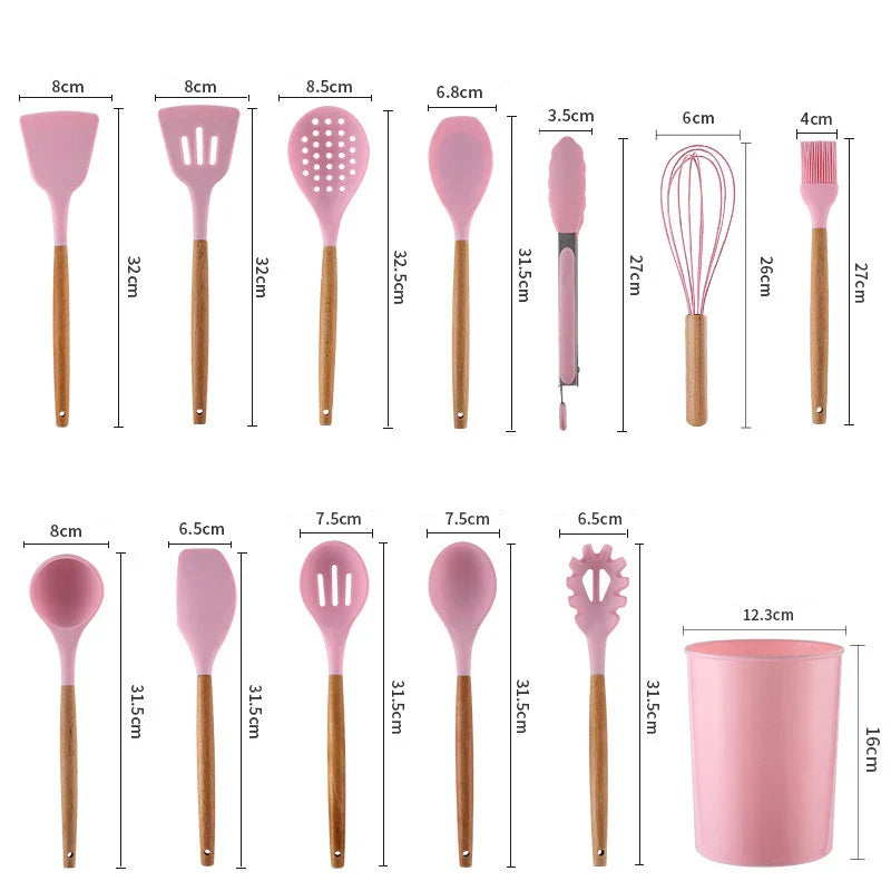 Afralia™ Silicone Kitchen Utensils Set with Wooden Handle - Food Grade & Practical Cooking Tools