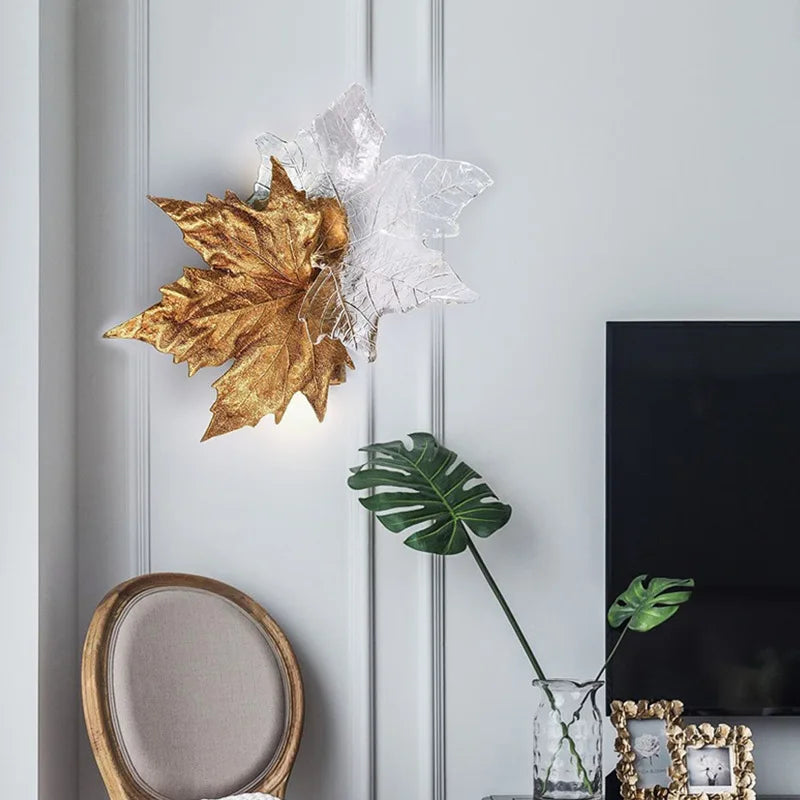 Afralia™ Luxury Copper Maple Leaf Crystal Glass Wall Sconce