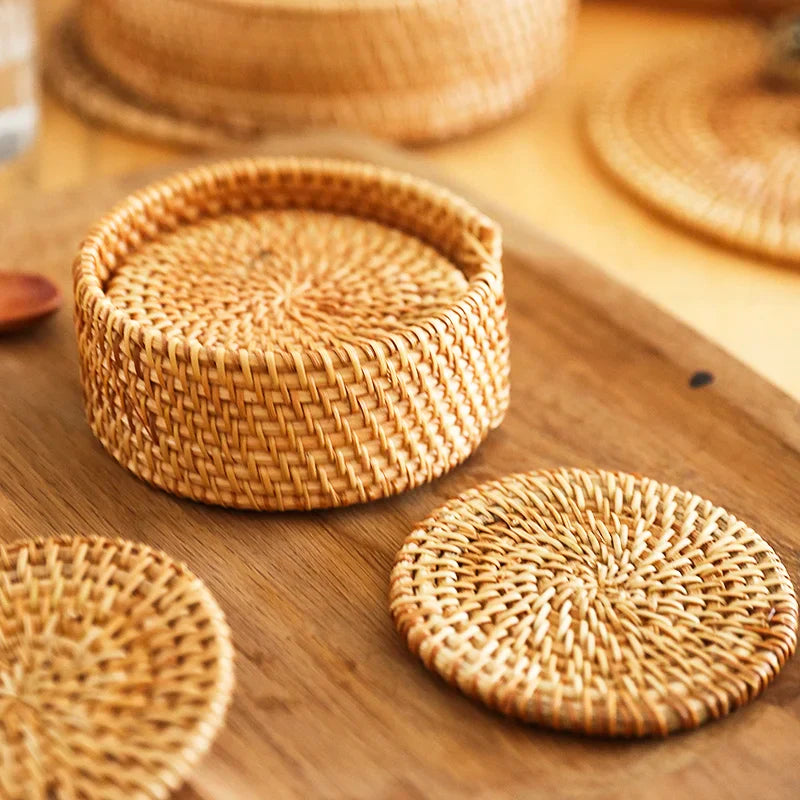 Afralia™ Rattan Coasters Set with Holder - Table Mat Placemat for Cups, Bowls, and Glasses.