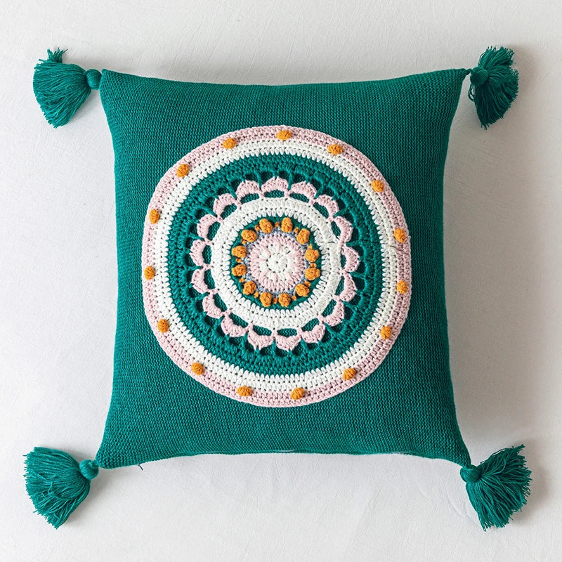 Afralia™ Floral Knit 45x45cm Cushion Cover with Tassels for Home Decoration