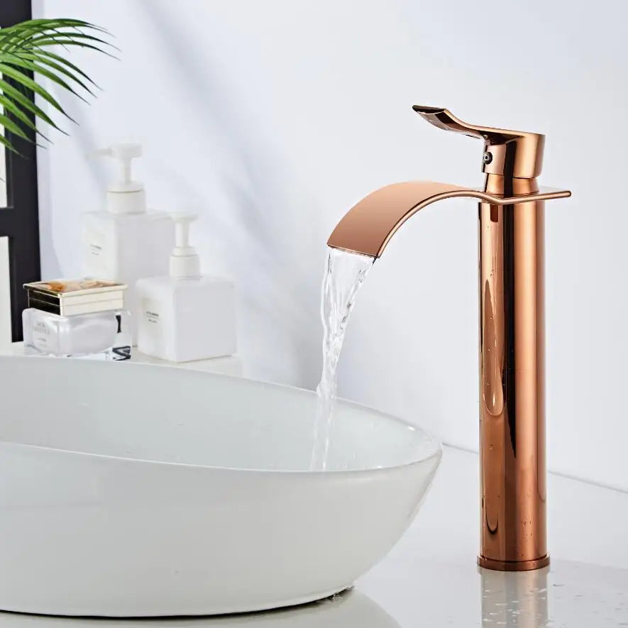 Afralia™ Rose Gold Waterfall Basin Faucet: Brass Bathroom Mixer Tap, Hot Cold Sink.