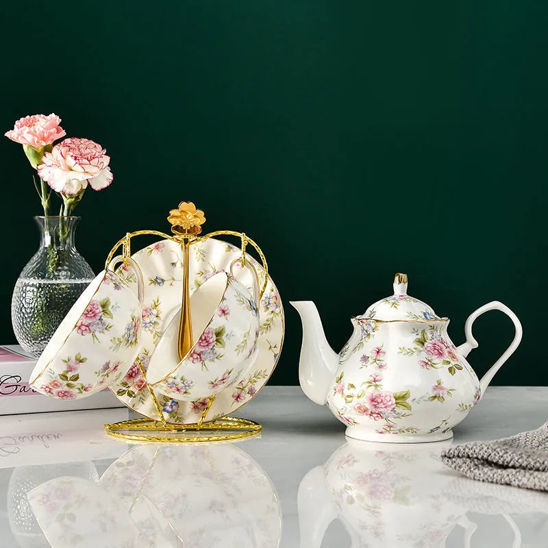 Afralia™ Luxury Bone China Tea Set with Teapot, Cups, and Saucers