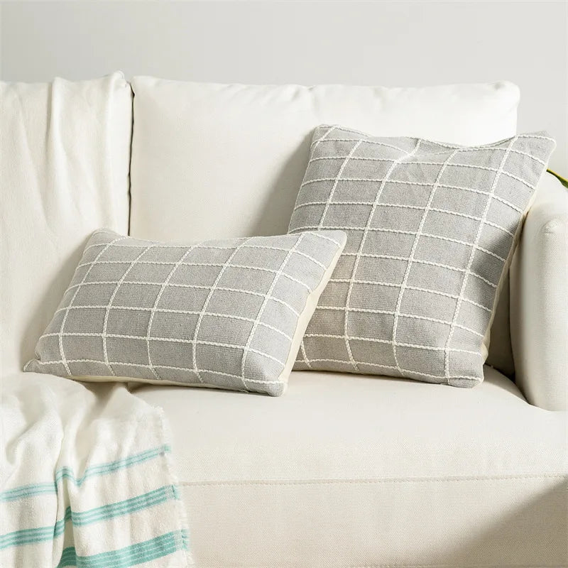 Afralia™ Cotton Woven Check Yellow Grey Ivory Cushion Cover for Home Living Room