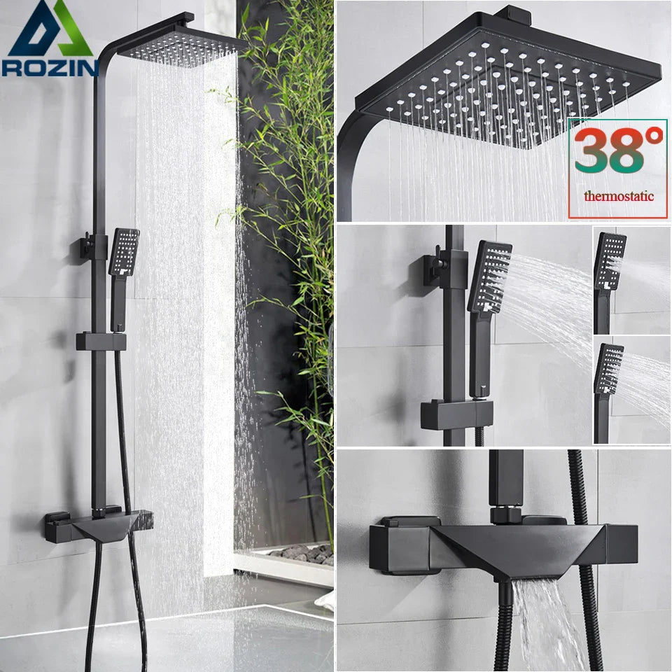 Afralia™ Matte Black Thermostatic Shower Set with Dual Handle Rain Waterfall