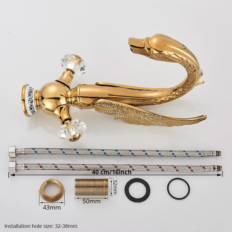 Afralia™ Gold Swan Basin Faucet: Deck Mounted Bathroom Mixer Tap with Hot and Cold Water