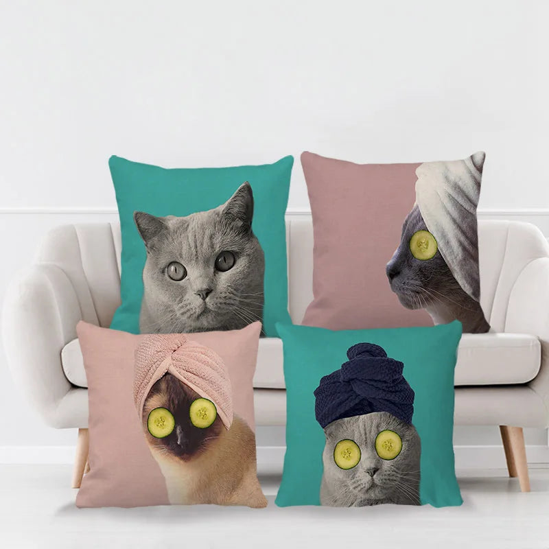 Afralia™ Cute Cat Face Decorative Cushion Cover Soft Linen Pillow for Home Sofa