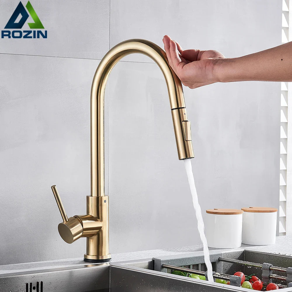 Afralia™ Brushed Gold Smart Touch Kitchen Faucet Dual Outlet Water Modes