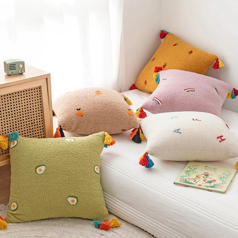 Afralia™ Rainbow Tassel Fluffy Cushion Cover 45x45cm Embroidery Home Decor for Living Room