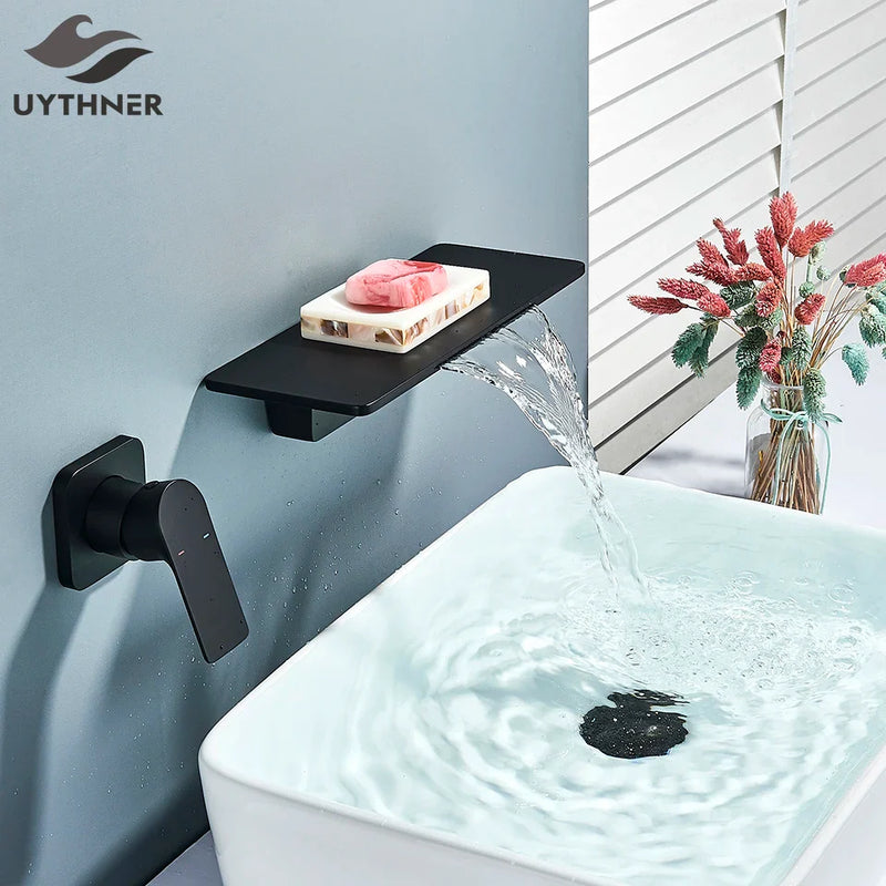 Afralia™ Matte Black Waterfall Tub Faucet Wall Mounted Mixer Tap