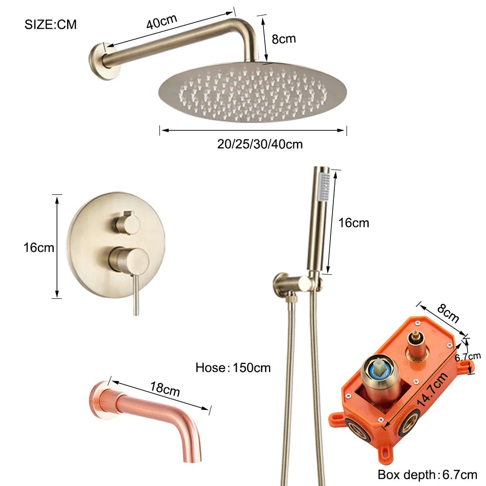 Afralia™ Brushed Gold Shower Faucet Set: Wall Mount Rotate Tub Spout, Rainfall Head Mixer Tap