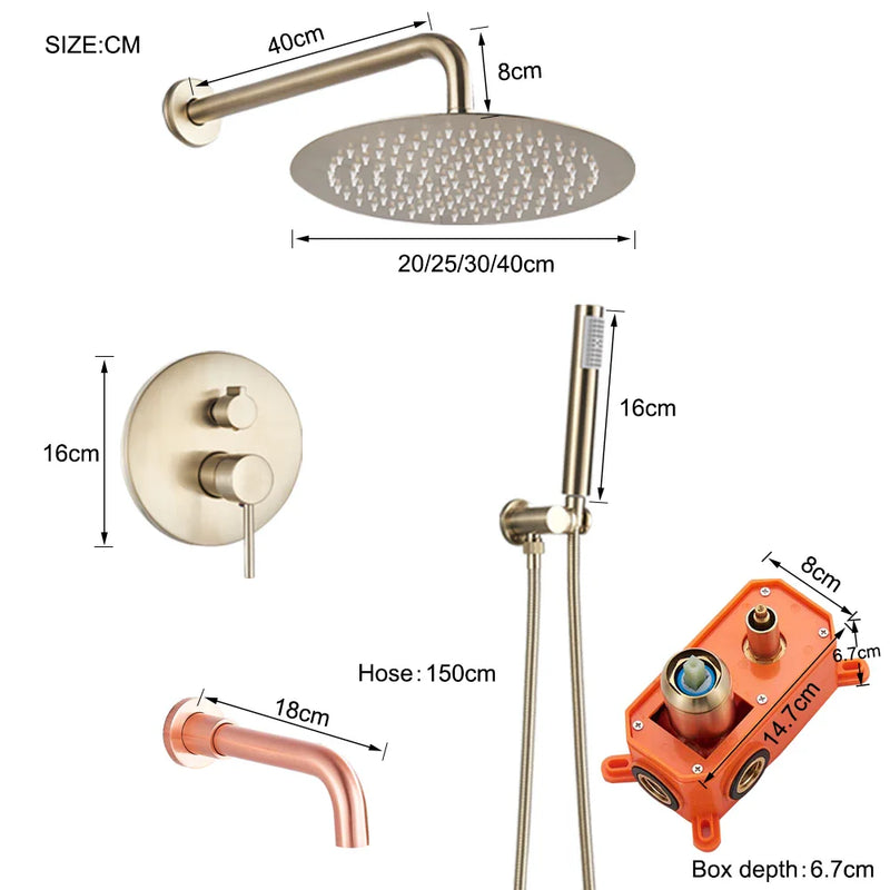 Afralia™ Brushed Gold Shower Faucet Set: Wall Mount Rotate Tub Spout, Rainfall Head Mixer Tap