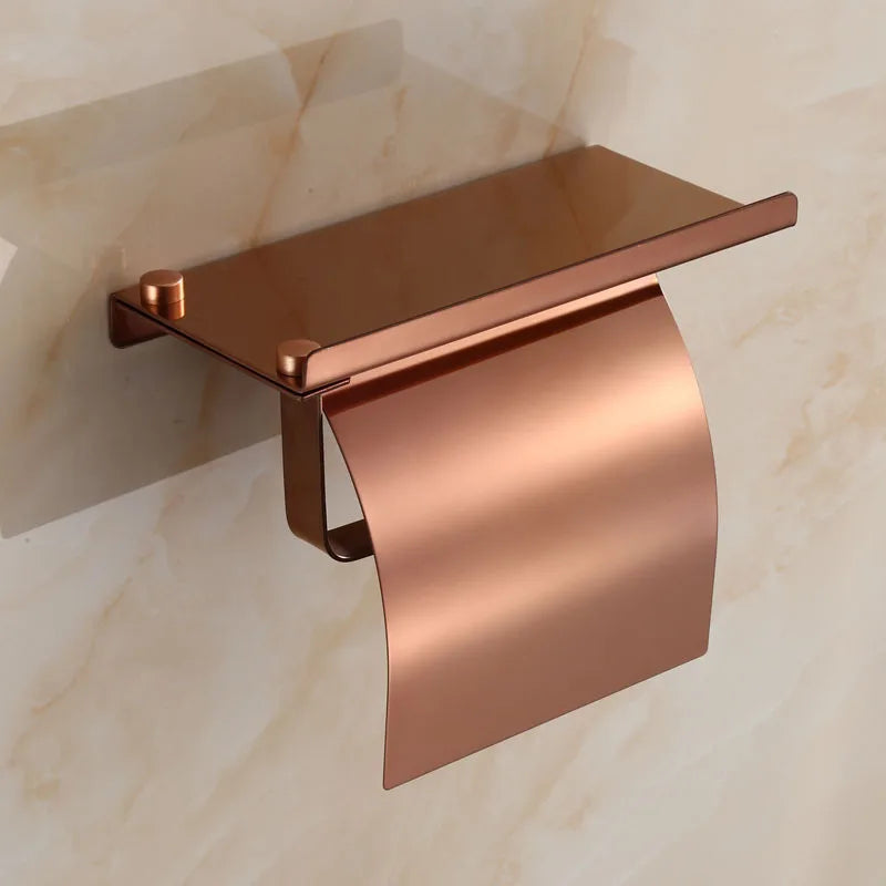 Afralia™ Rose Gold Toilet Paper Holder with Phone Shelf