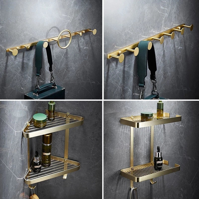 Afralia™ Brass Bath Hardware Set: Shelf, Towel Rack, Paper & Toilet Brush Holder in Brushed Gold