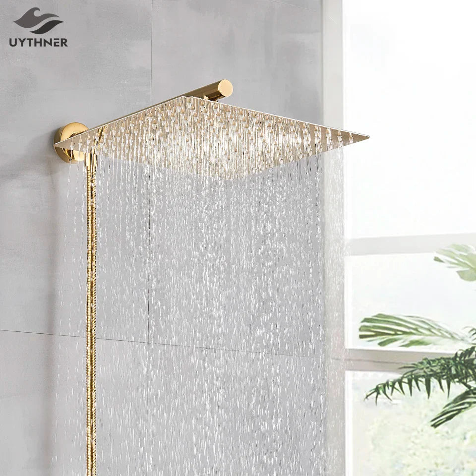 Afralia™ Stainless Steel Shower Head Set with Arm, Hose, Wall Mount - Gold/Black/Chrome - 8"/10"/12"