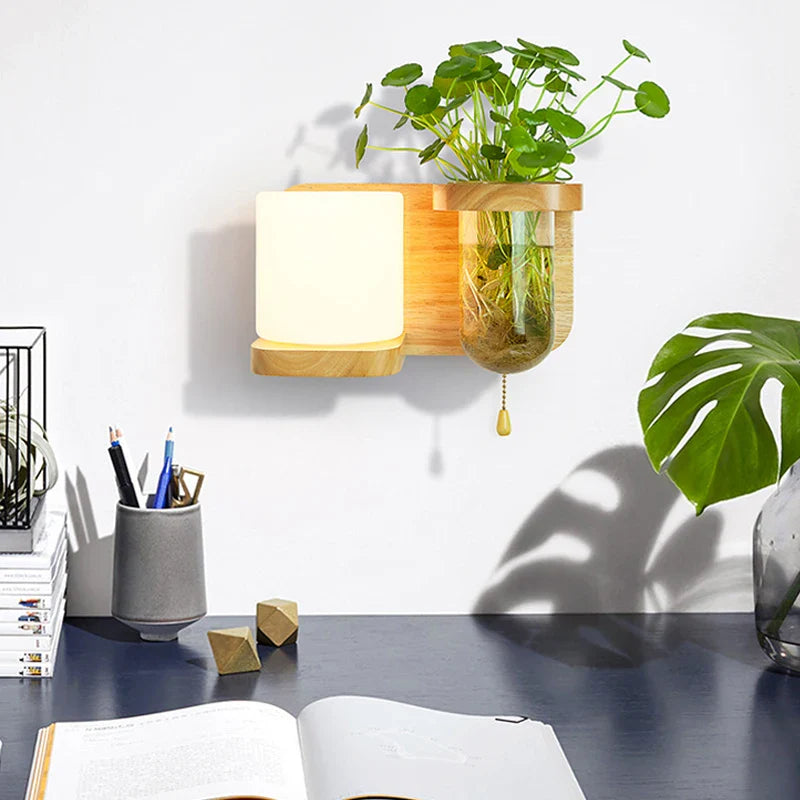 Afralia™ Nordic Green Wood Wall Lamp Glass Sconce for Living Room - Art Decor Lighting
