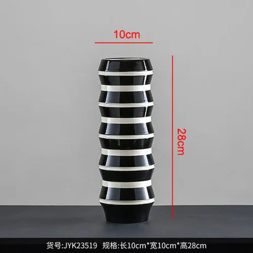 Afralia™ Modern Black White Striped Ceramic Vase Geometric Art Deco Home Decor