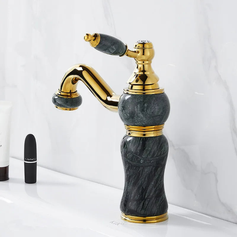 Afralia™ Gold Brass and Marble Bathroom Basin Faucet Cold Hot Water Mixer Sink Tap
