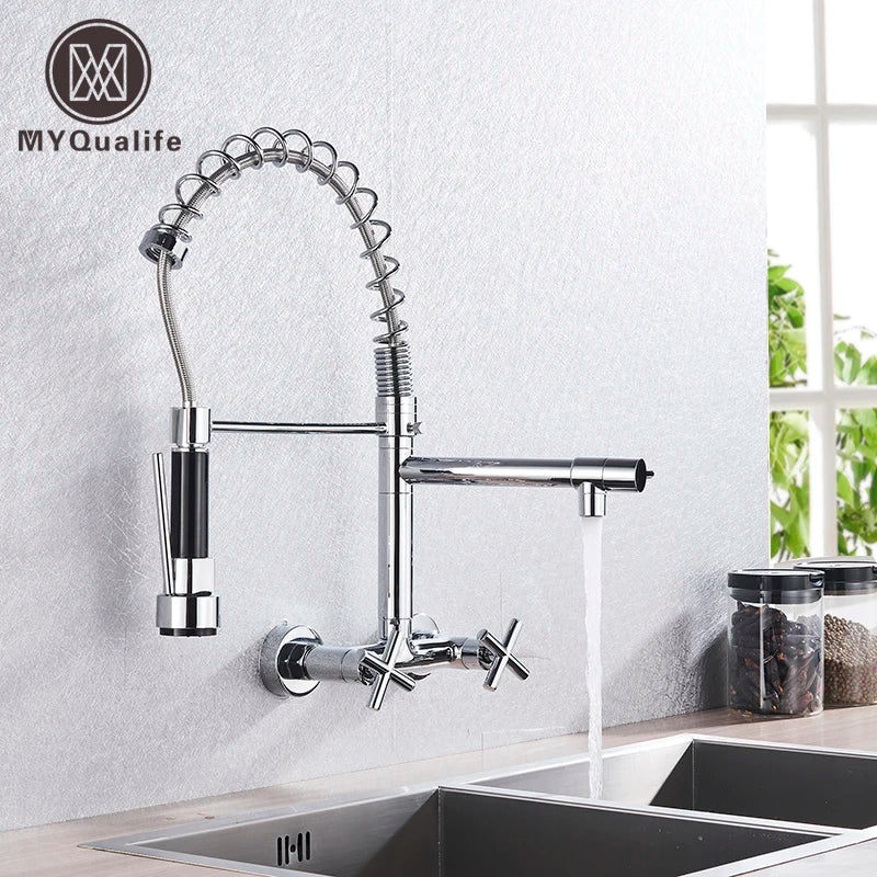 Afralia™ Spring Mounted Double Handle Kitchen Faucet with 2 Nozzles, Chrome Finish