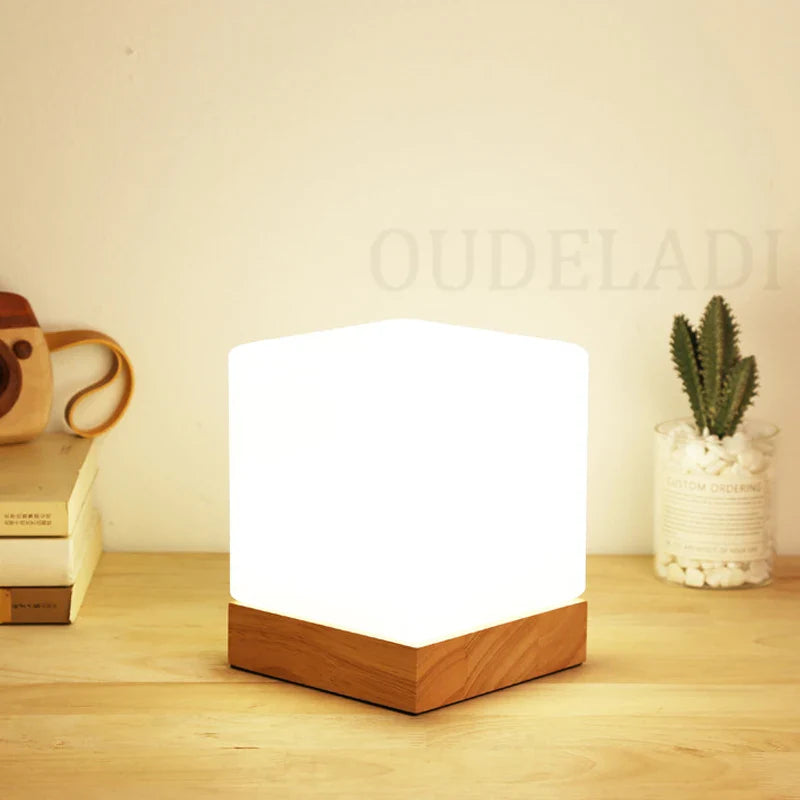 Afralia™ Solid Wood Glass Night Light Warm Living Room Bedside Lamp