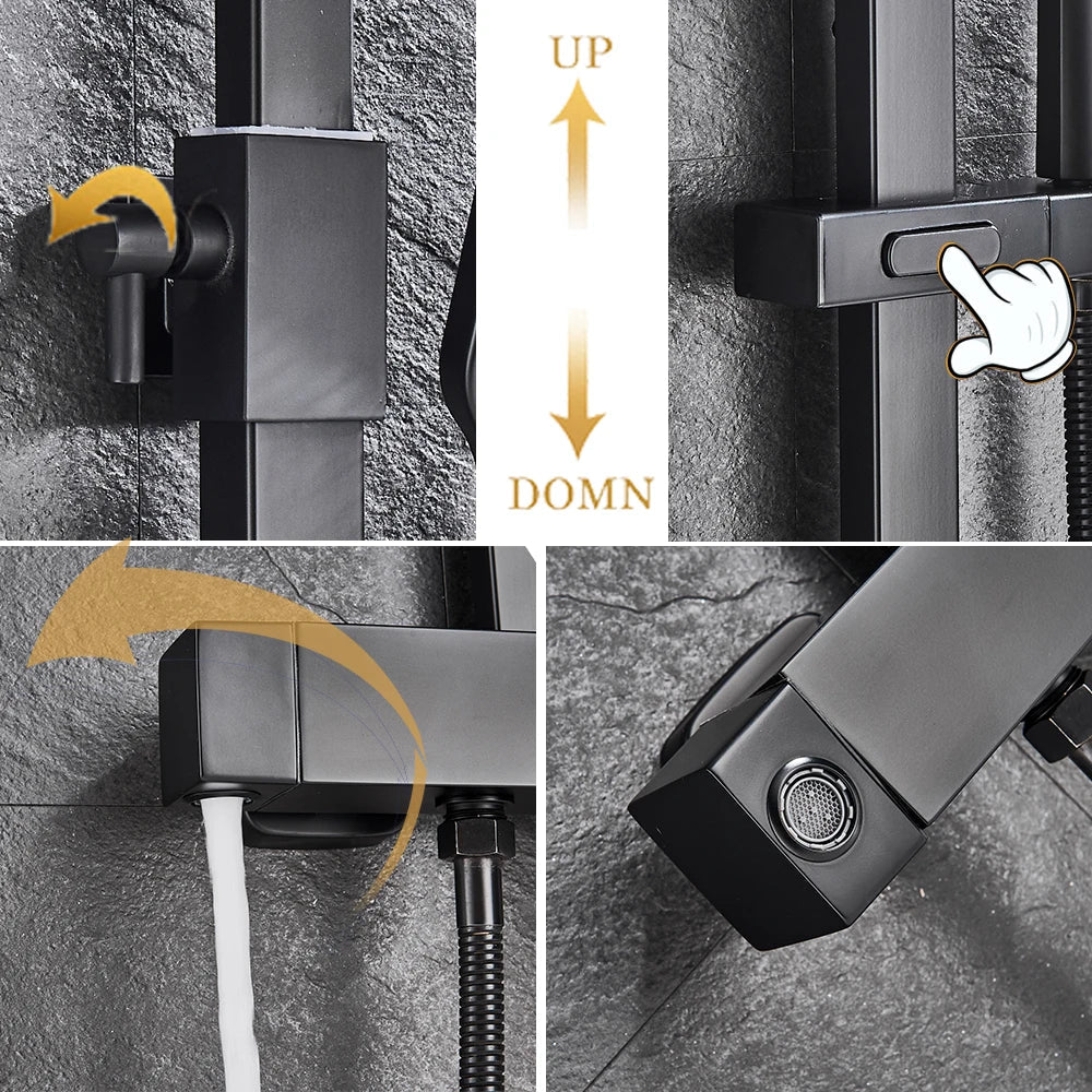 Afralia™ Matte Black Shower Faucet Set with Rotating Watering Can and Handshower