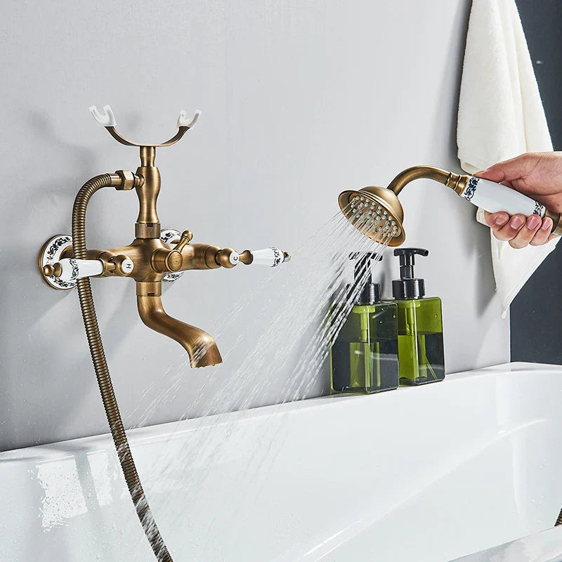 Afralia™ Brass Bathtub Shower Faucet Set with Dual Knobs and Handshower