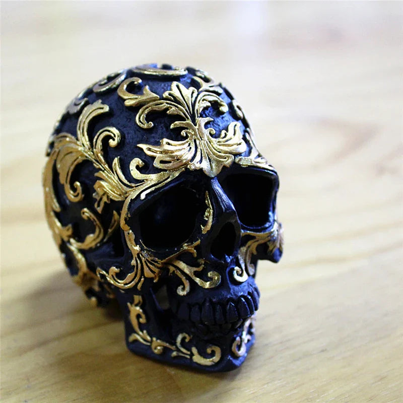 Afralia™ Golden Skeleton Skull Resin Statue Miniatures for Home Office Decor