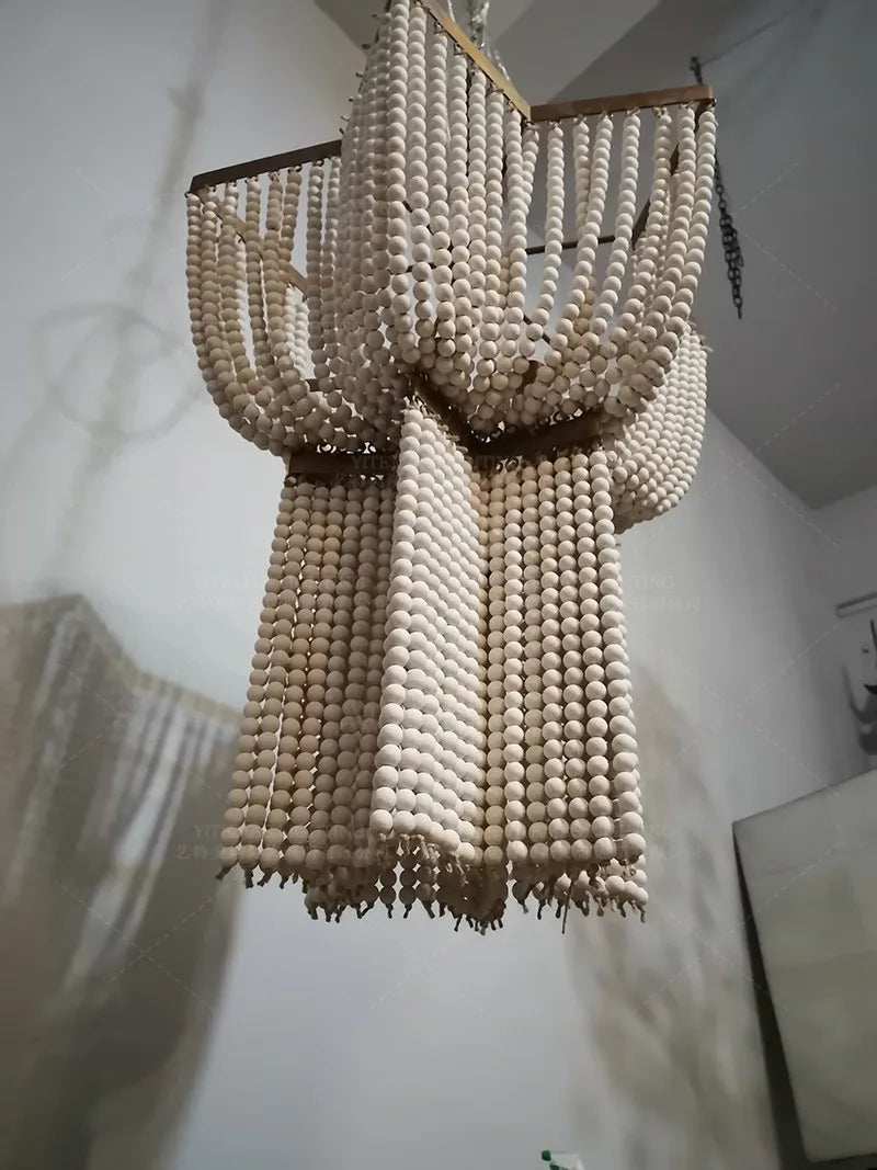 Afralia™ Wood Beaded Chandelier Fringe Lighting Vintage Nordic Antique Large Kitchen Farmhouse
