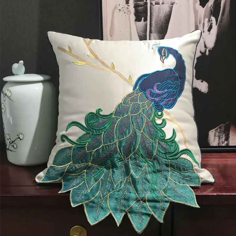 Afralia™ Embroidered Peacock Design Cushion Cover - Chinese Style Decorative Pillow Case