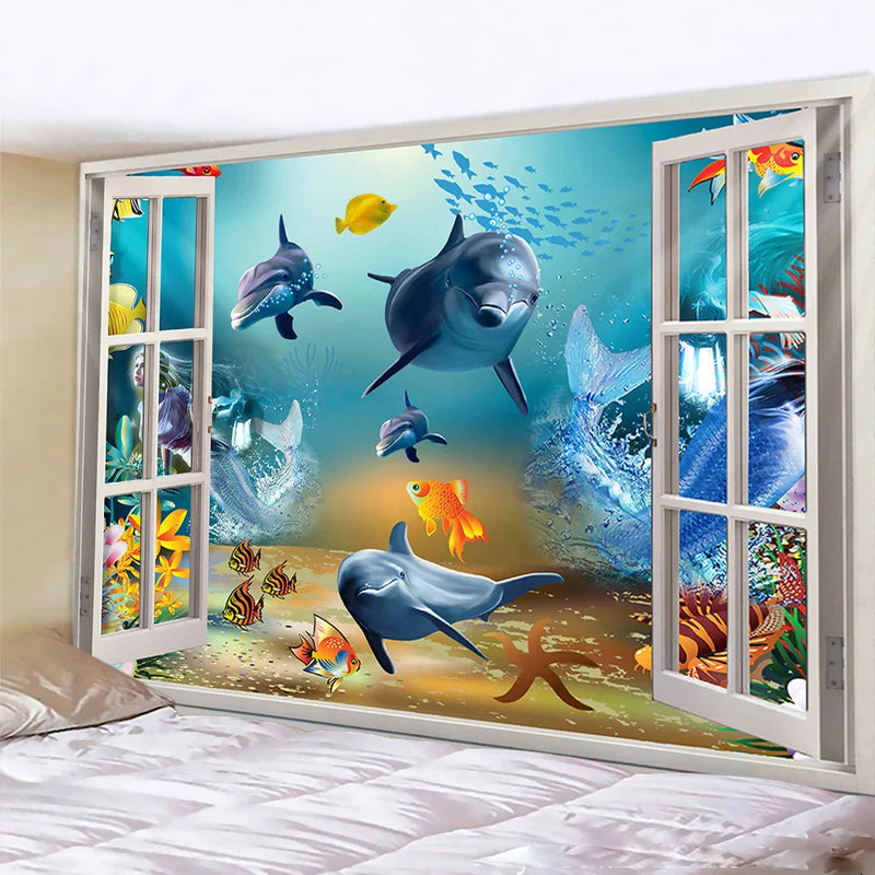 Afralia™ Dolphin Psychedelic Tapestry: Bohemian Underwater Wall Hanging for Home Decoration