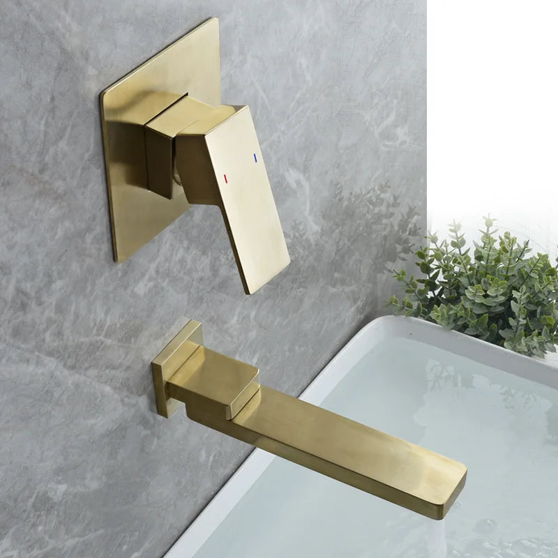 Afralia™ Brushed Gold In-Wall Basin Faucet Set, Hot Cold Bathroom Sink Mixer Tap