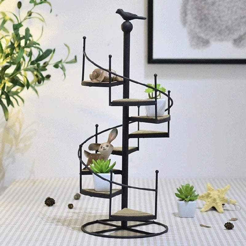 Afralia™ 8-Layer Stair Shape Iron Plant Stand with Wood Plate