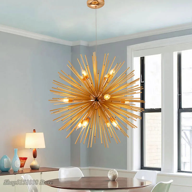 Afralia™ LED Dandelion Chandelier, Modern Golden Hanging Light for Living Room & Dining Room