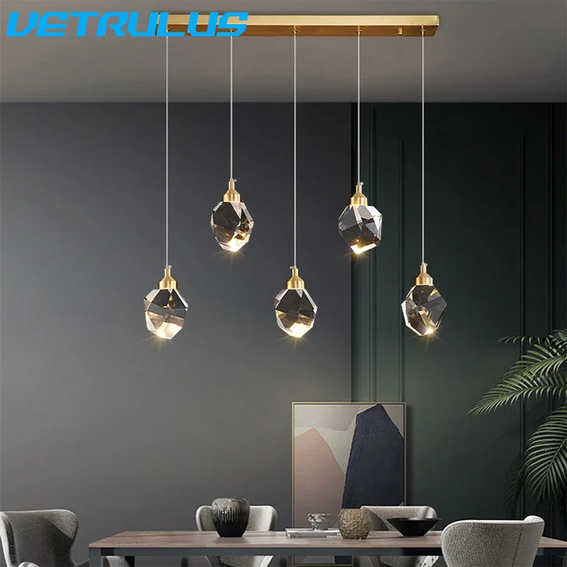 Afralia™ Diamond Crystal LED Chandelier, Brass Ceiling Pendant Light for Dining Room